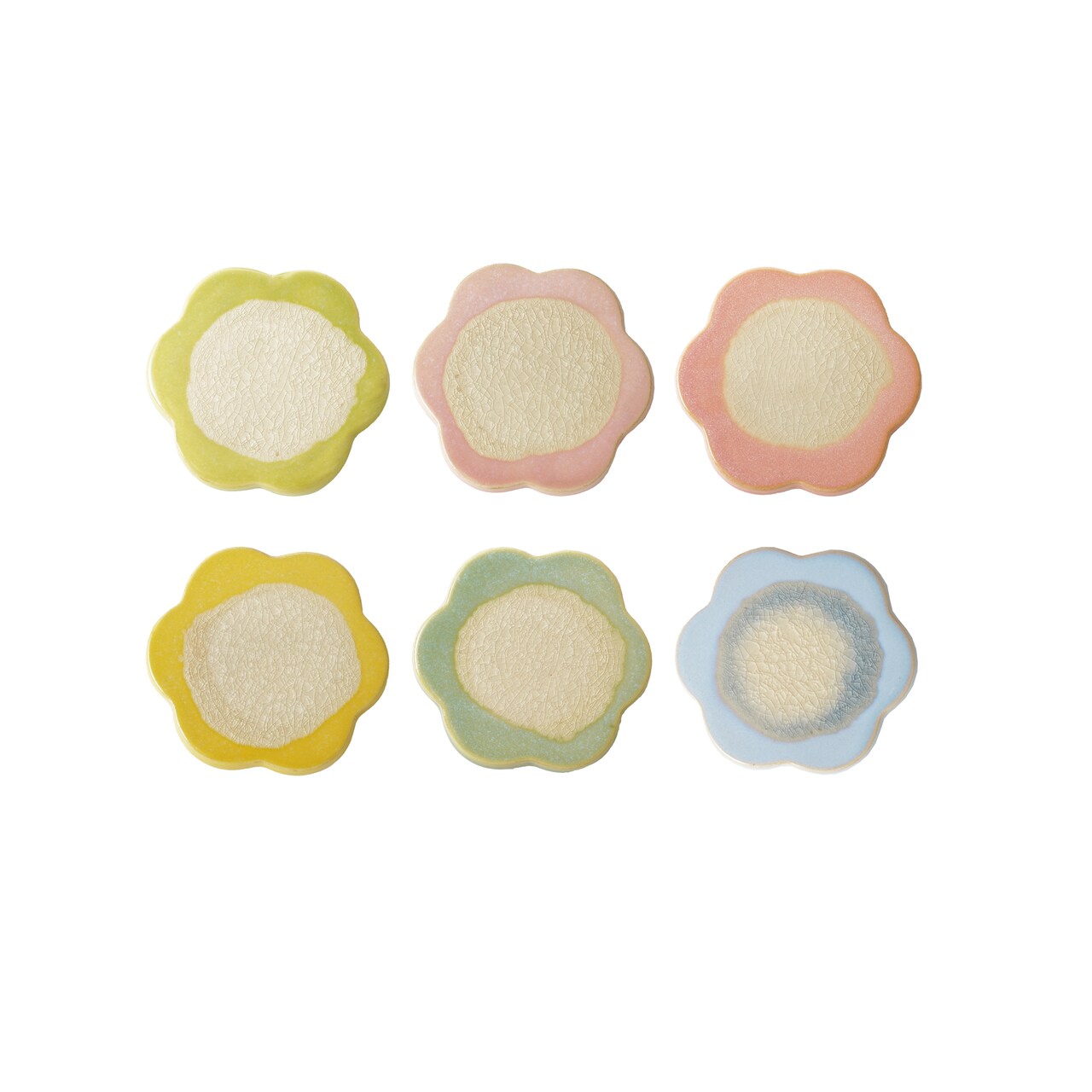 Hello Honey 6-Piece Flower Shaped Stoneware Trivet in Reactive Crackle Glaze, Multicolor